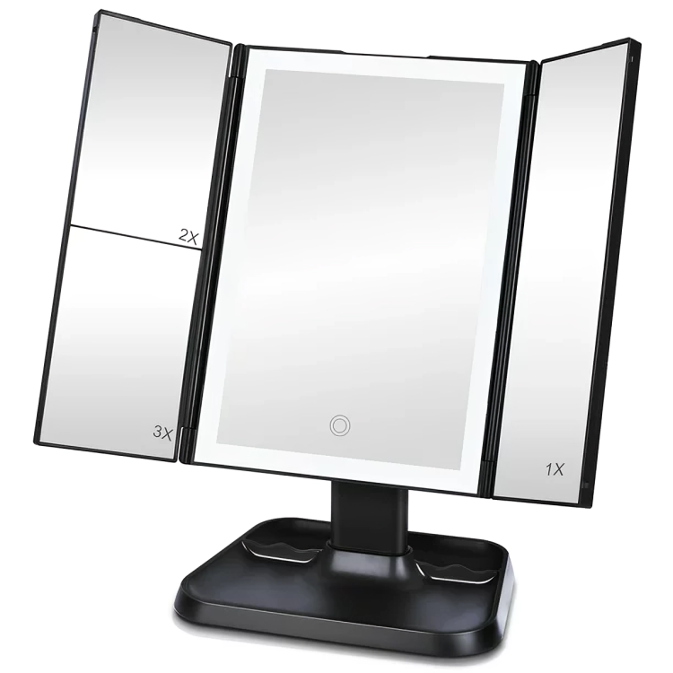 Foldable LED mirror with 3 panels for precise makeup