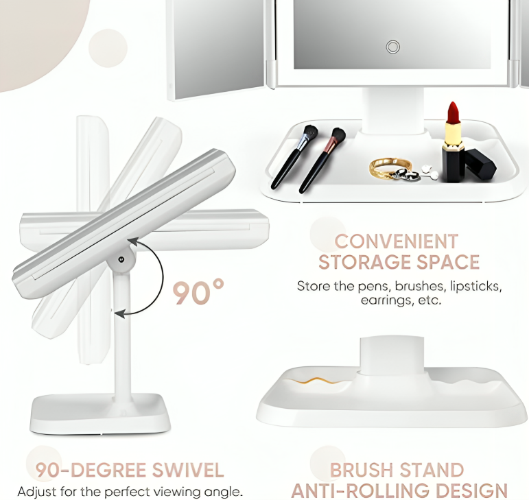 Foldable LED mirror with 3 panels for precise makeup