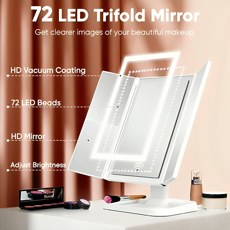 Foldable LED mirror with 3 panels for precise makeup
