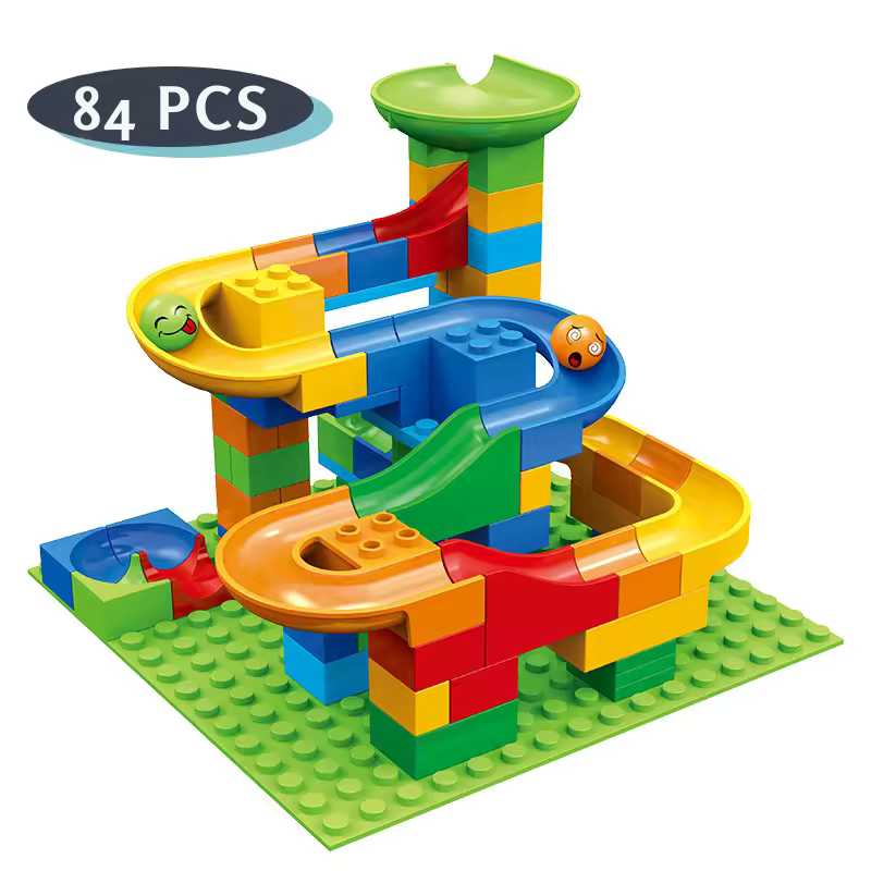 Construction toy with modular marble run circuit 
